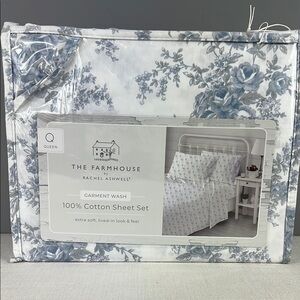The Farmhouse By Rachel Ashwell Queen Sheet Set Blue Grey White Cotton 4 pc NEW